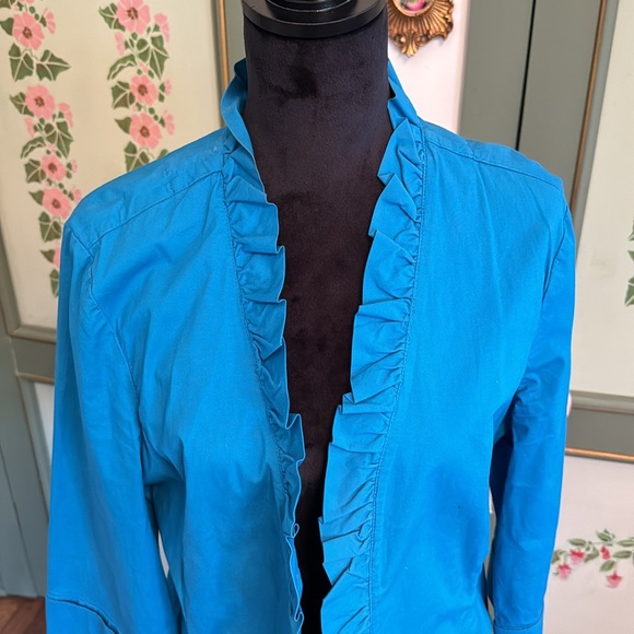 CHICO'S LIGHTWEIGHT TURQUOISE JACKET WITH RUFFLE DETAIL Size 2 - Picture 5 of 9